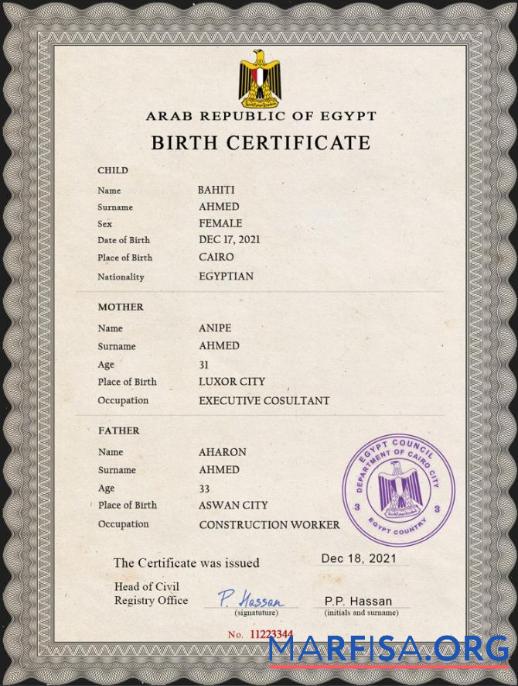 Downloadable Egypt vital record birth certificate PSD template